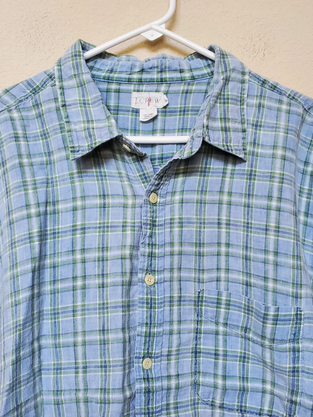 Vtg. J. Crew Blue and Green Plaid Linen Shirt.  Size XXL